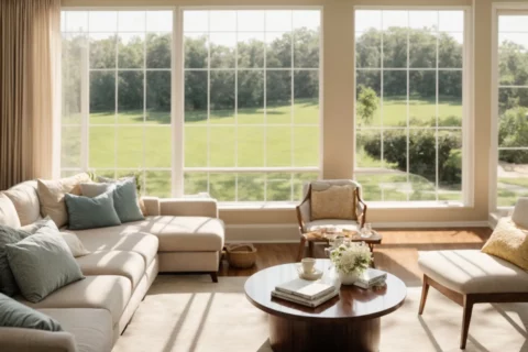 a sparkling clean, sunlight-filled living room with an open window overlooking a well-manicured lawn, ready to welcome new kansas city residents.